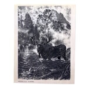 Bill O'Neill 1981 Morning Mist‎ Moose Scrimshaw Style Plaque Wildlife 10.5x8.25